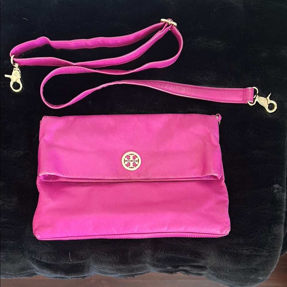 Tory Burch Louisa Messenger Hot Pink Leather Crossbody/Clutch w/ Removable Strap